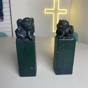 Vintage Pair Foo Dog Guardian Lion Dragon Figurines Statues 7.25” Dark Green